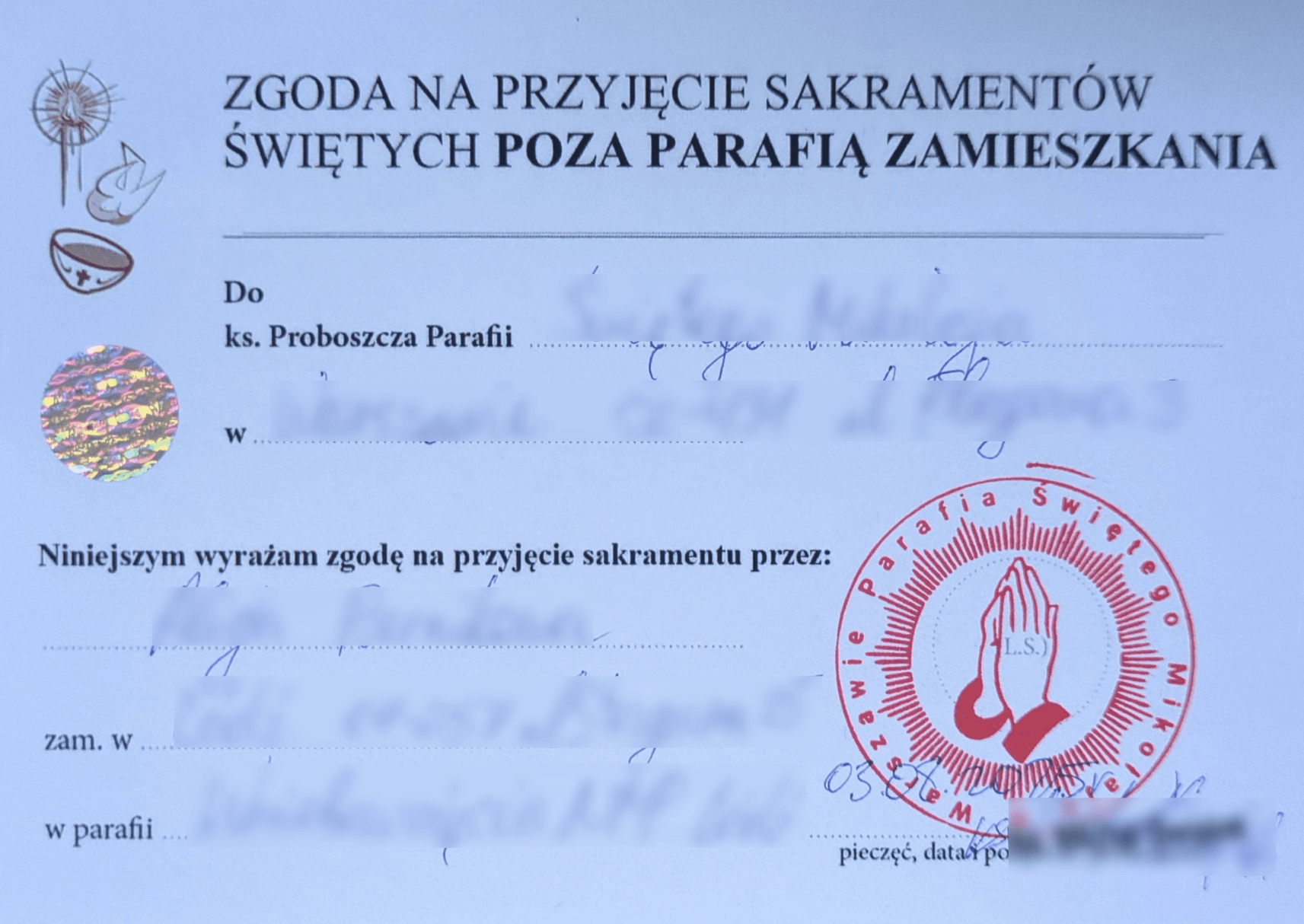 zgoda na przyjęcie sakramentów świętych poza parafią zamieszkania